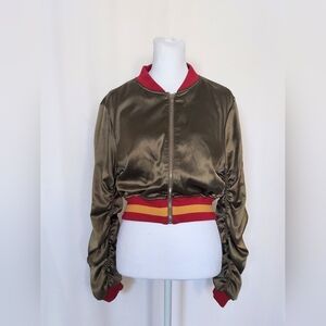 Forever 21 Ruched Sleeve Satin Bomber Jacket Size Medium Green Red